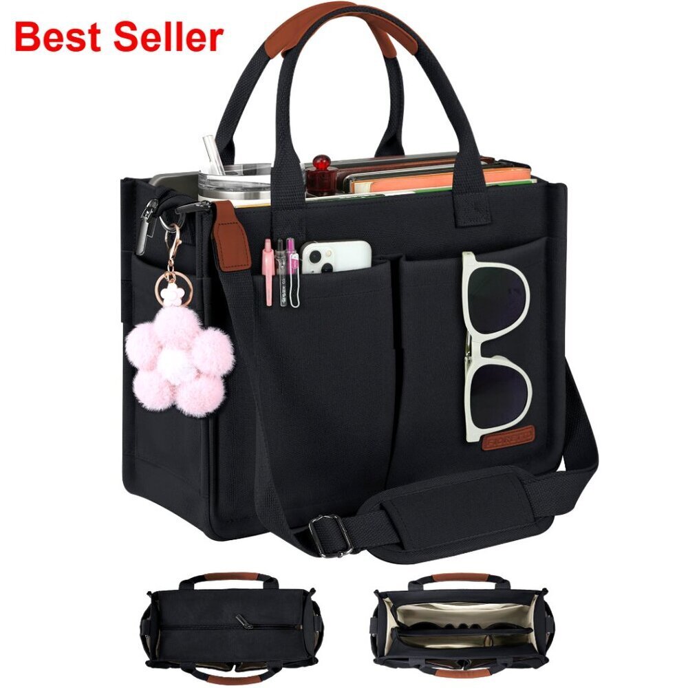 Canvas Tote Bag with Zipper Top, Multiple Compartments & Luggage Sleeve